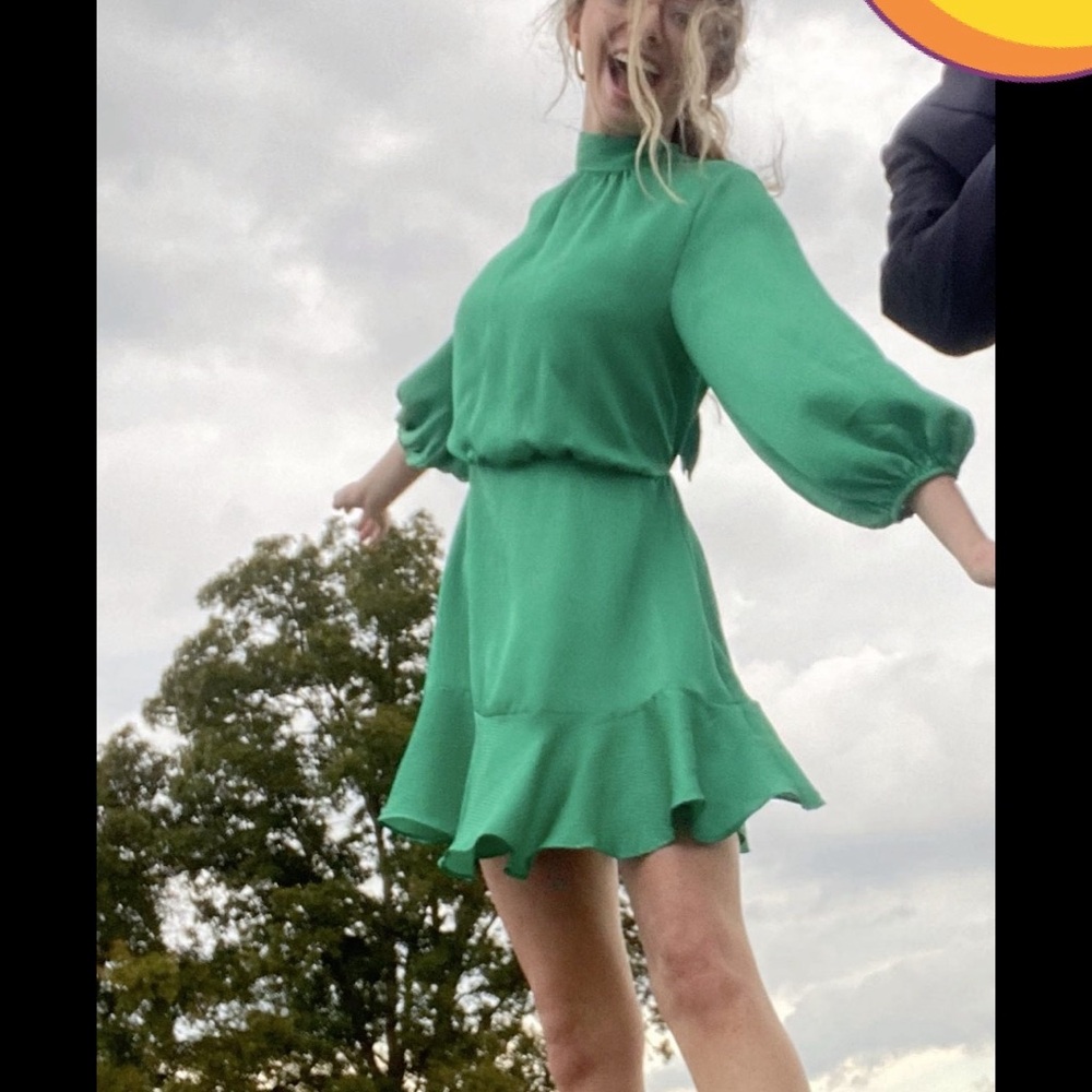 Vici Green High-Neck Ruffle Hem Dress